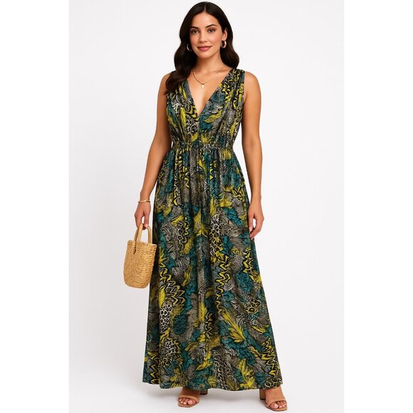 Womens Size L Casual Sleeveless Maxi Dress Plunging V-Neck Elastic Waist - Picture 1 of 8